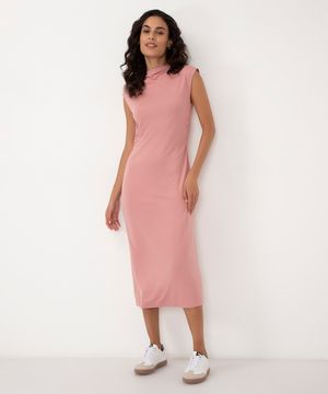vestido midi de viscose com franzido alça larga rosa rosa