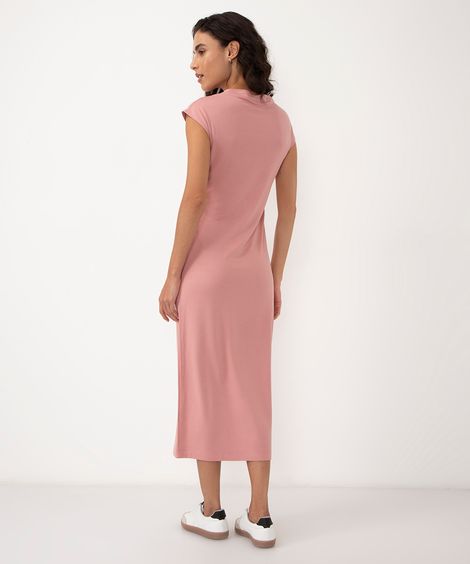 vestido midi de viscose com franzido alça larga rosa rosa