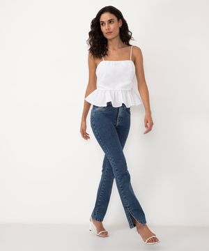 calça jeans reta cintura alta com fenda sawary azul médio