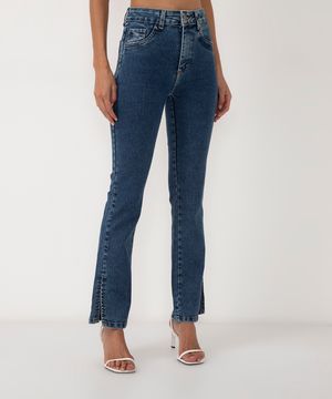 calça jeans reta cintura alta com fenda sawary azul médio