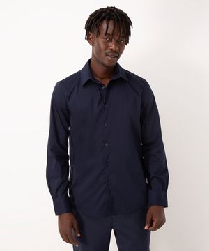 camisa de algodão slim manga longa azul