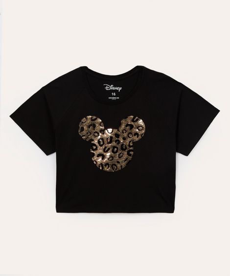 cropped de algodão juvenil mickey paetê preto