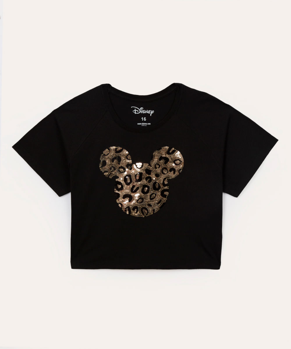 cropped de algodão juvenil mickey paetê preto