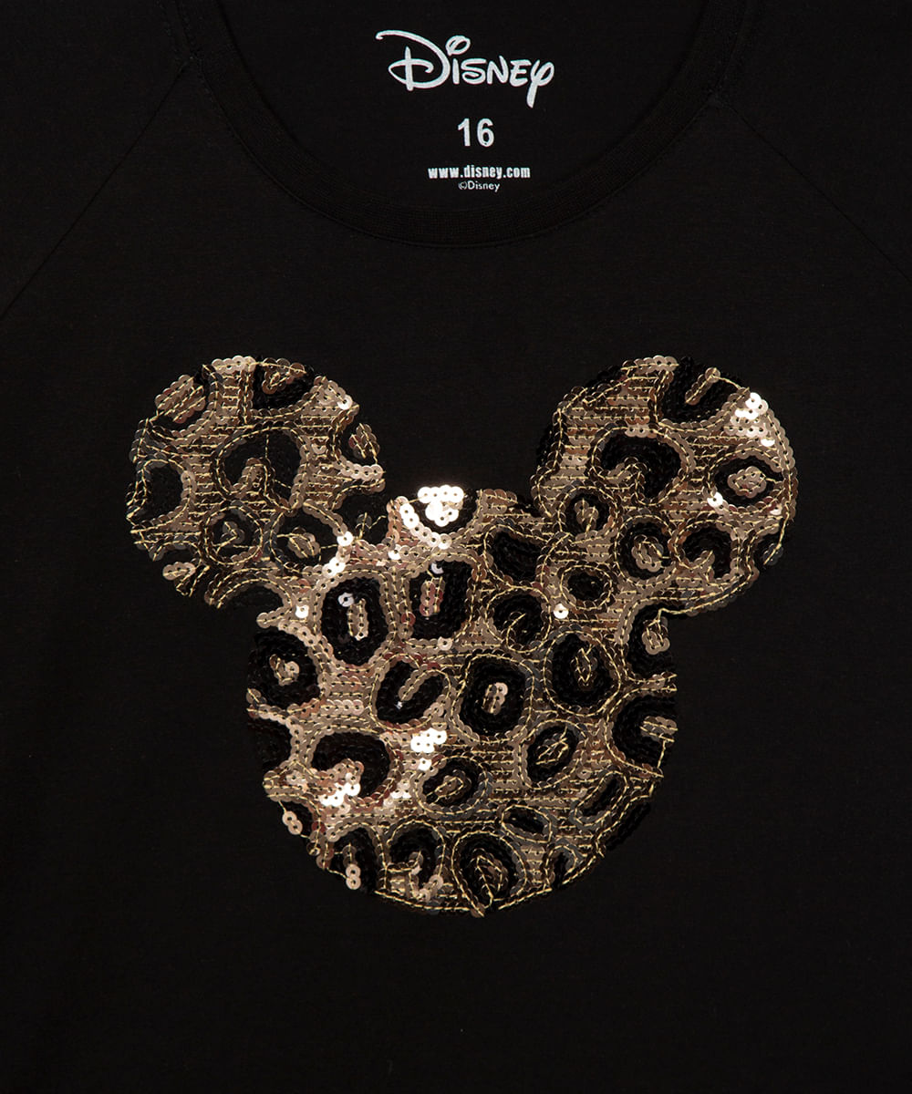 cropped de algodão juvenil mickey paetê preto