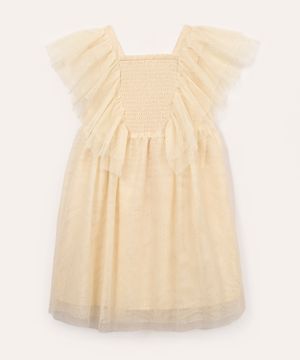 vestido de tule infantil com brilho e babado bege