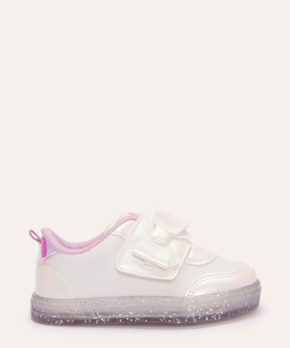 tênis infantil holográfico com velcro e laço branco