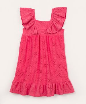 vestido de laise infantil com babados rosa chiclete