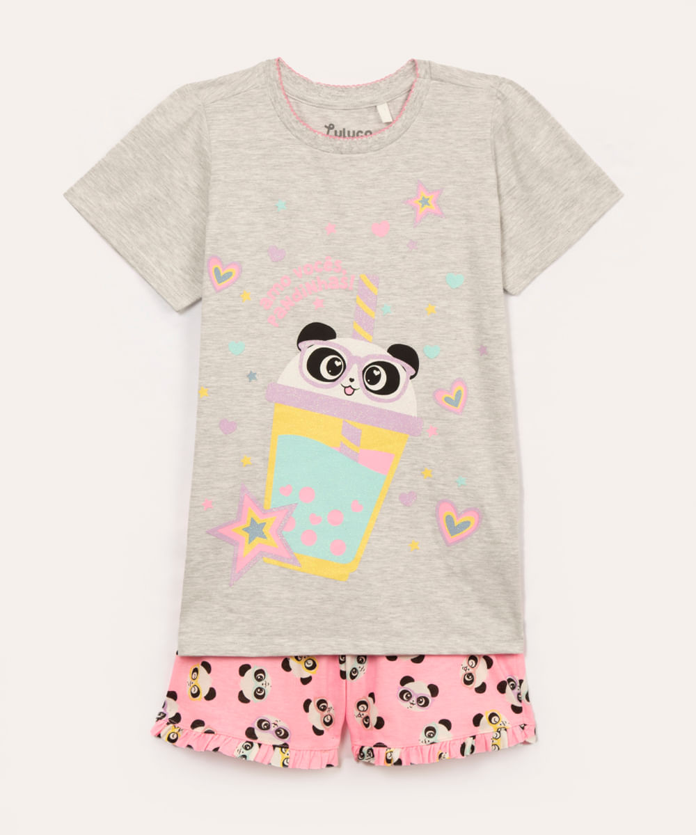 pijama infantil luluca manga curta cinza mescla claro