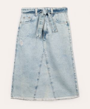 saia jeans infantil com recorte e faixa azul claro