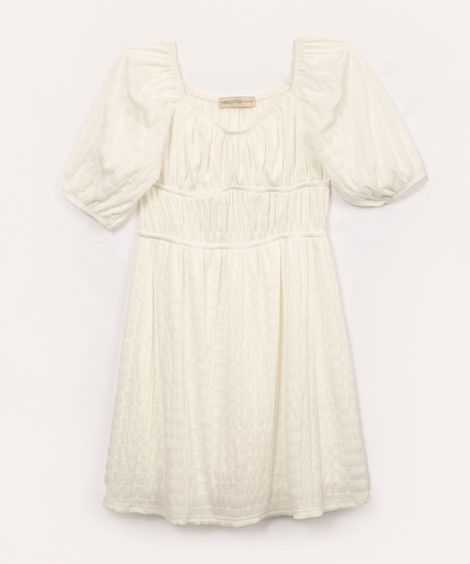 vestido texturizado juvenil com recorte manga curta off white