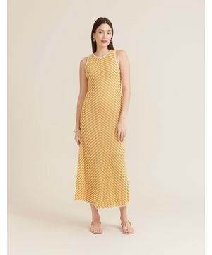 Vestido New Longo Tricot - Areia C/ Amarelo