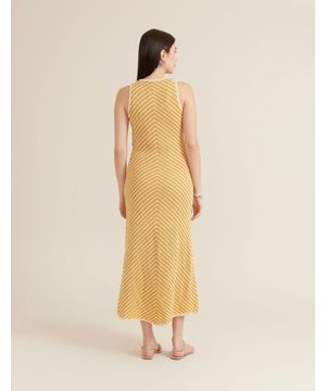 Vestido New Longo Tricot - Areia C/ Amarelo