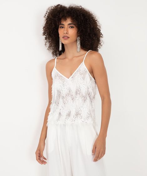 blusa de paetê com franjas alça fina off white