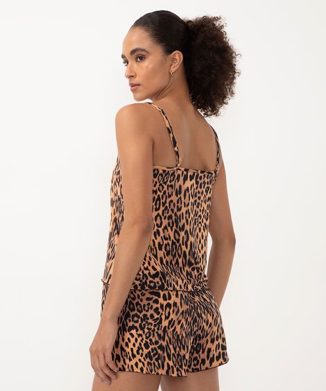 pijama animal print alça fina marrom
