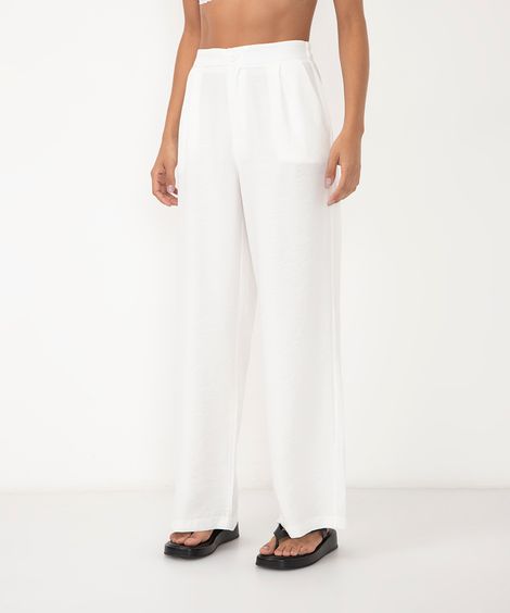 calça de viscose wide leg cintura alta com elástico off white