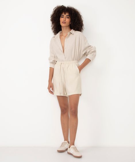 bermuda de viscose relaxed cintura alta com elástico bege