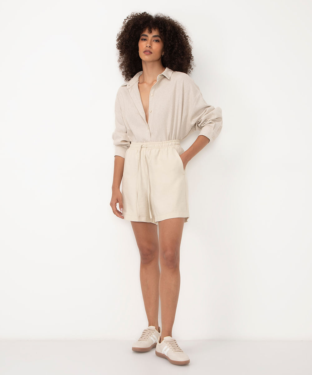 bermuda de viscose relaxed cintura alta com elástico bege