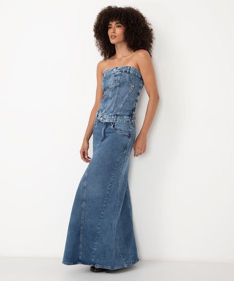 saia jeans midi cintura alta com recortes azul escuro