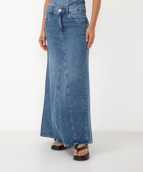 saia jeans midi cintura alta com recortes azul escuro