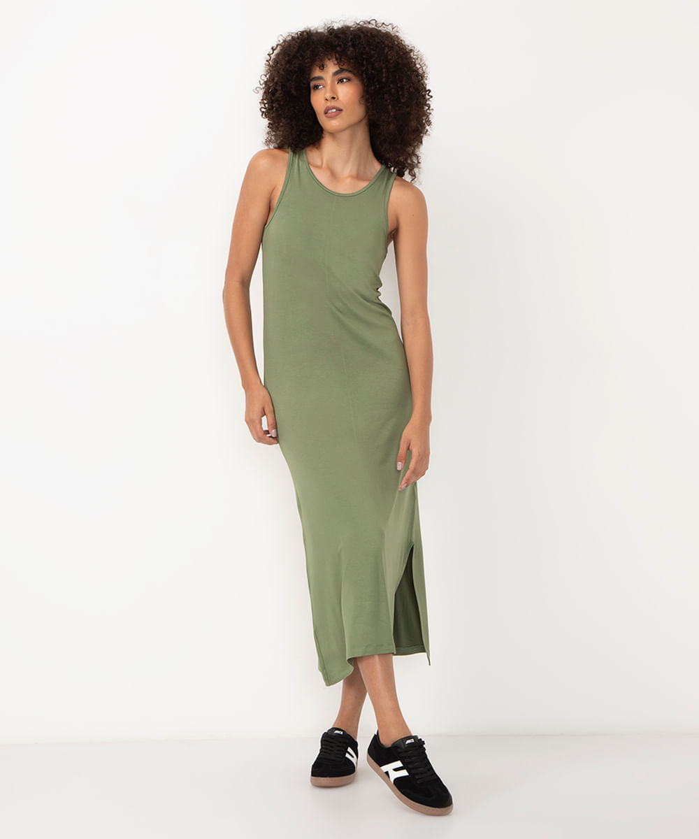 vestido de viscose básico nadador com fenda verde