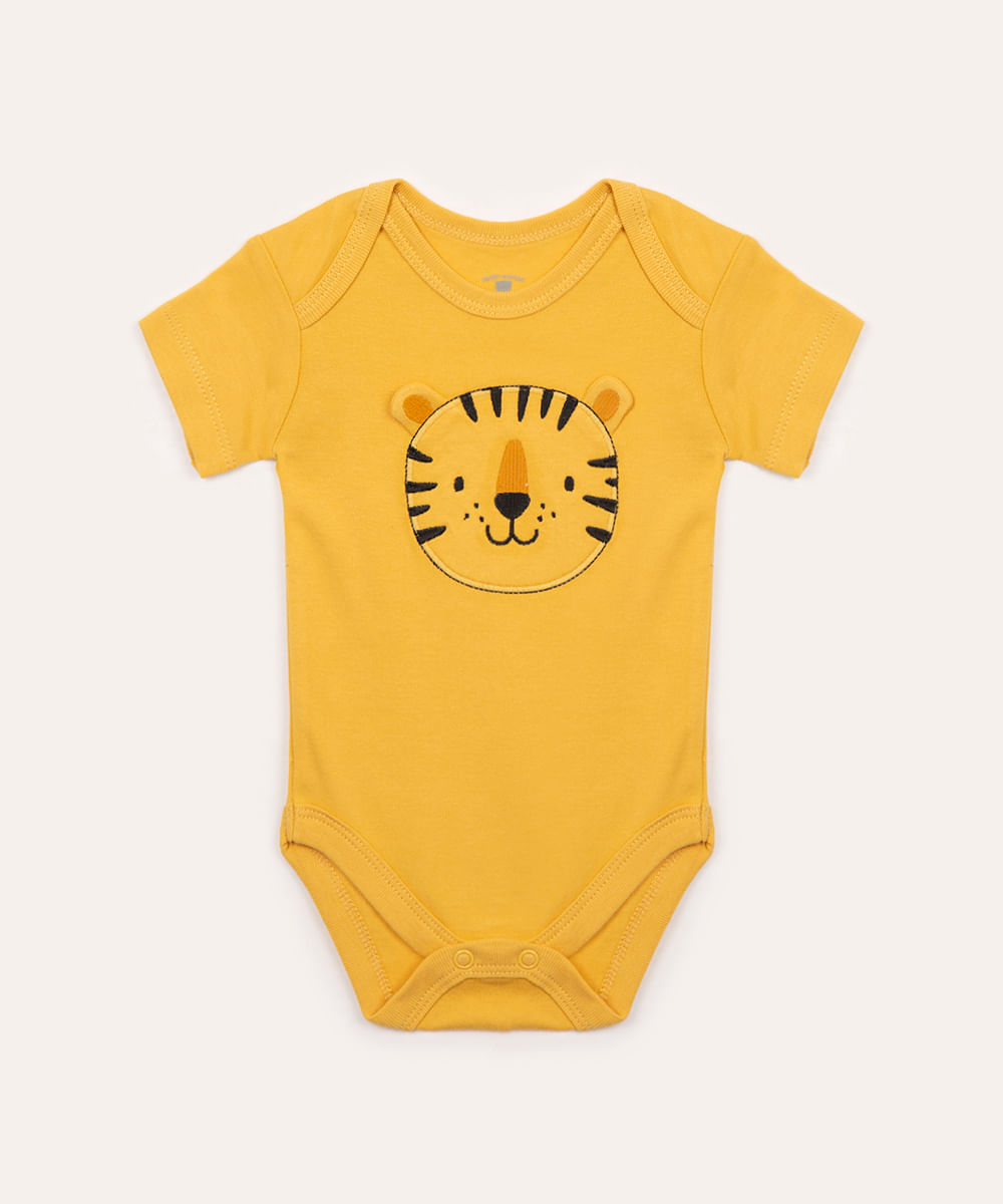 body de algodão infantil tigre manga curta amarelo