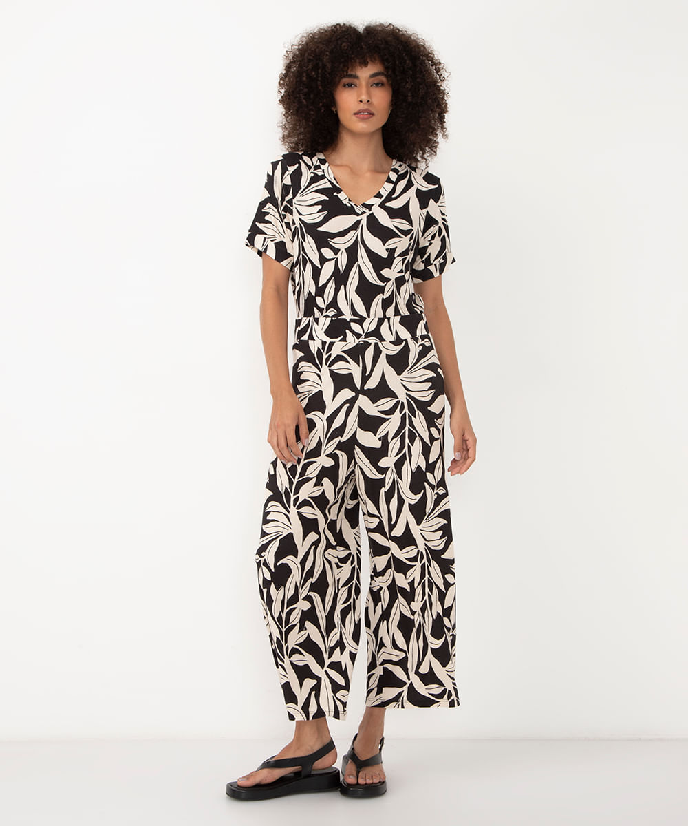 blusa de viscose folhagem decote v preto