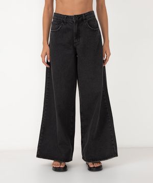 calça jeans super wide leg cintura média preto