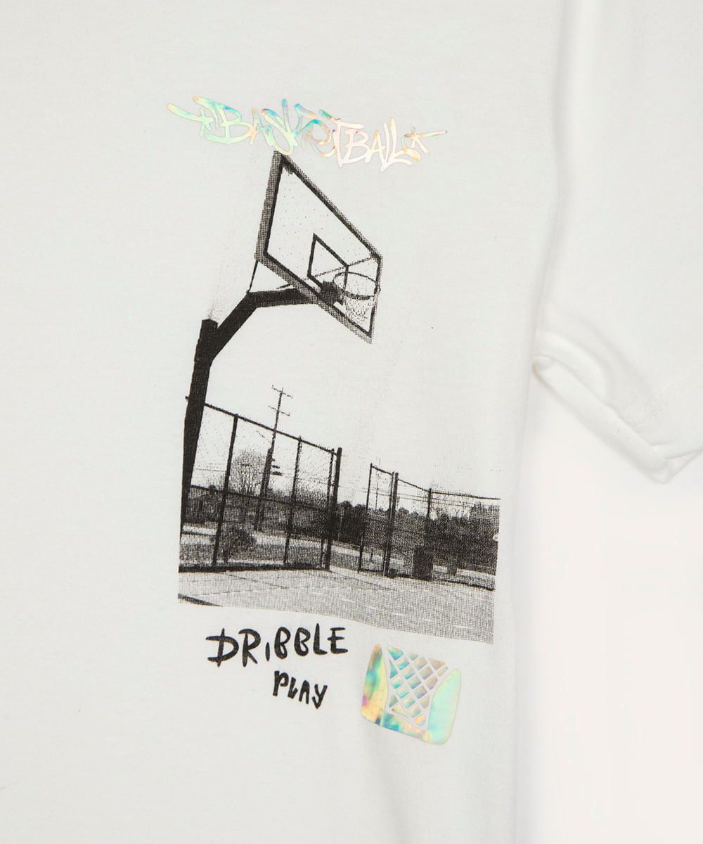 camiseta de algodão infantil basquete manga curta branca