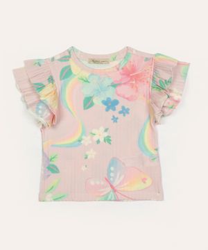 blusa de algodão infantil canelada floral com babado rosa