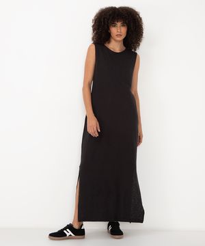 vestido de algodão de alça com fenda longo preto
