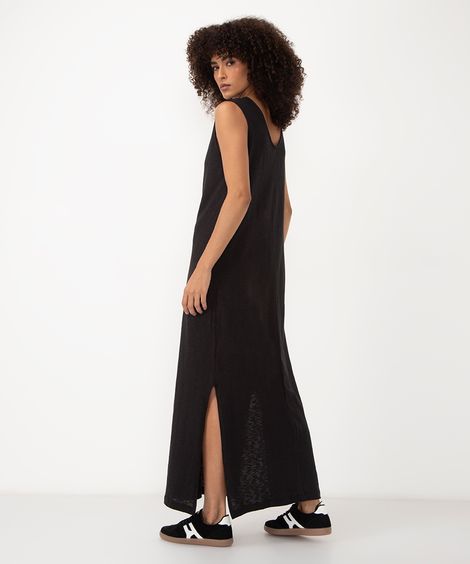 vestido de algodão de alça com fenda longo preto
