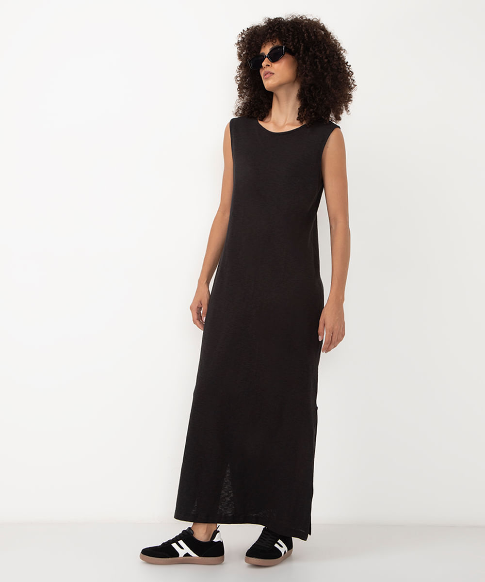 vestido de algodão de alça com fenda longo preto
