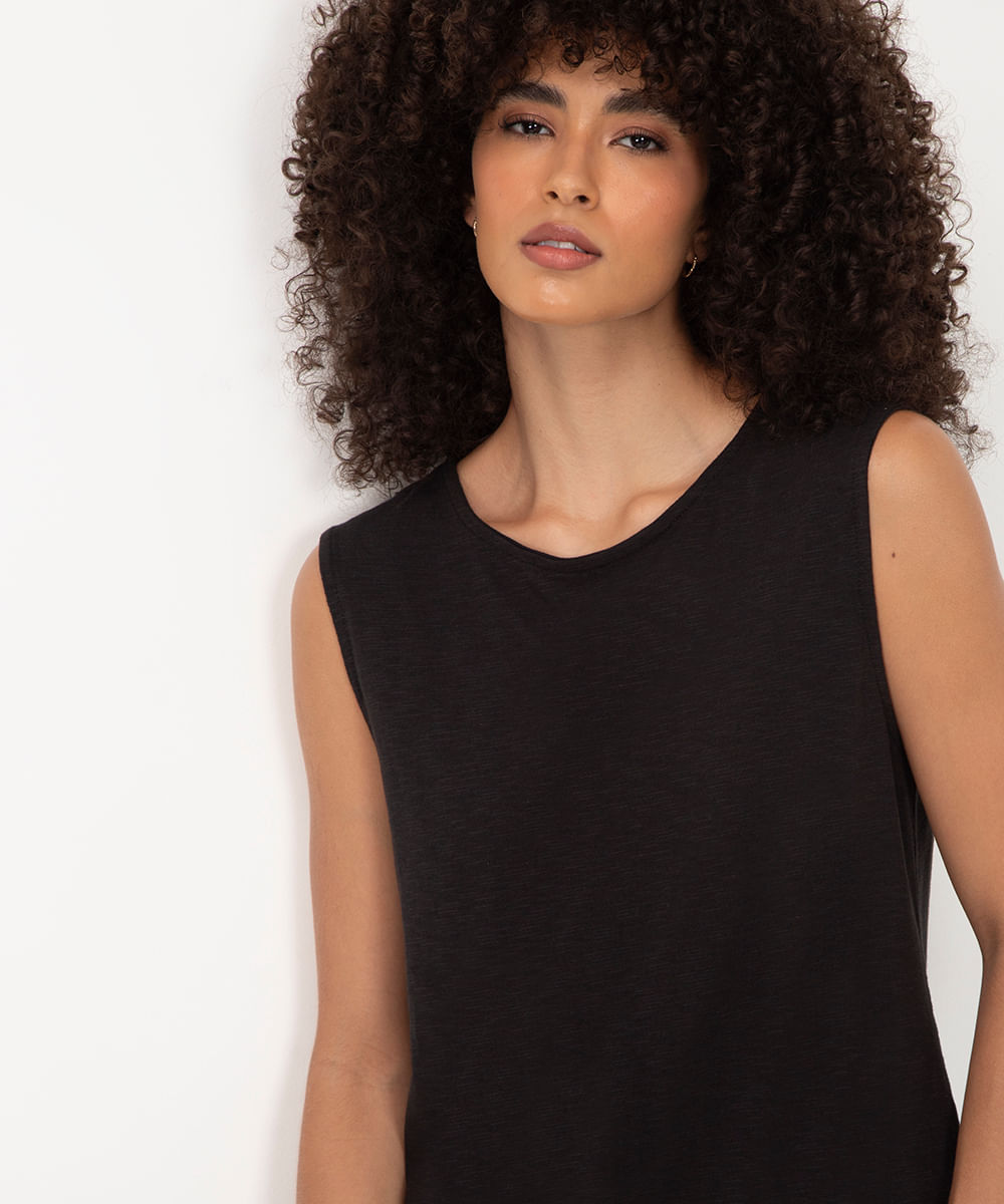 vestido de algodão de alça com fenda longo preto
