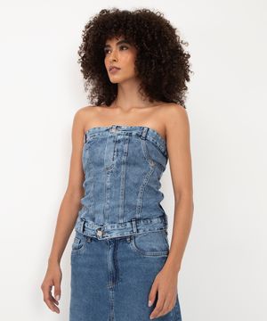 cropped corset jeans recortes sem alça azul médio