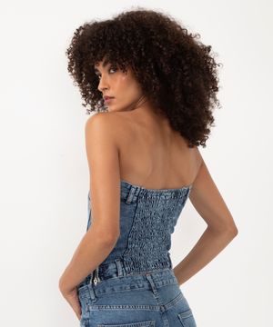 cropped corset jeans recortes sem alça azul médio