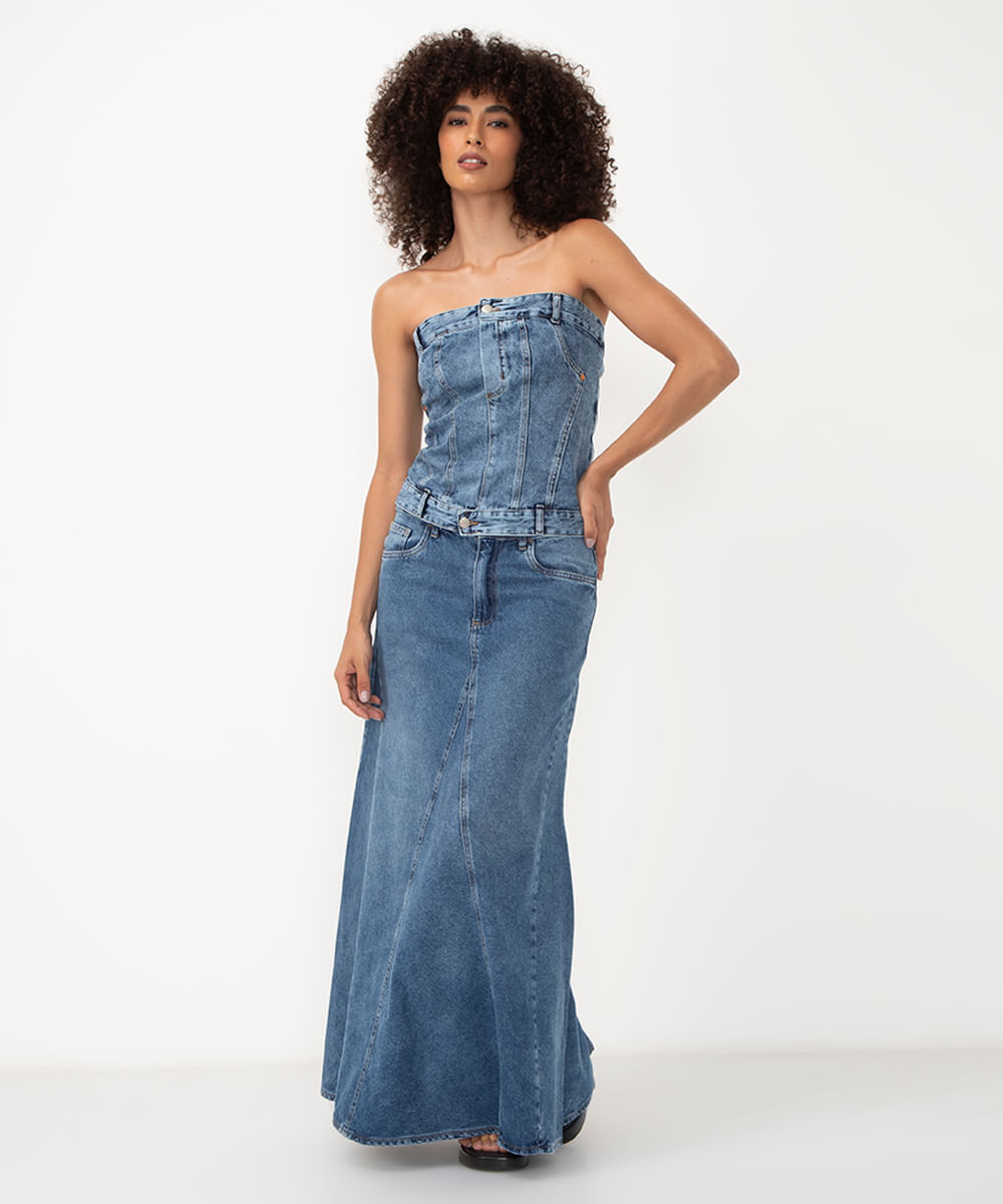cropped corset jeans recortes sem alça azul médio