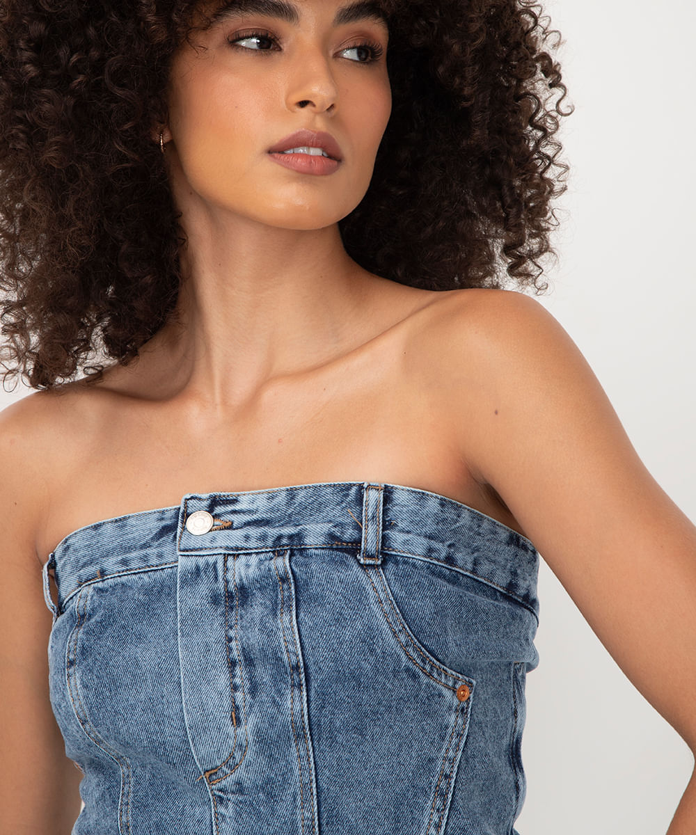 cropped corset jeans recortes sem alça azul médio