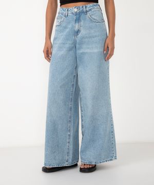 calça jeans super wide leg cintura média azul