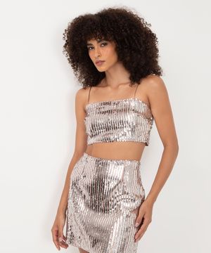 cropped top faixa de paetê alça fina com zíper prata