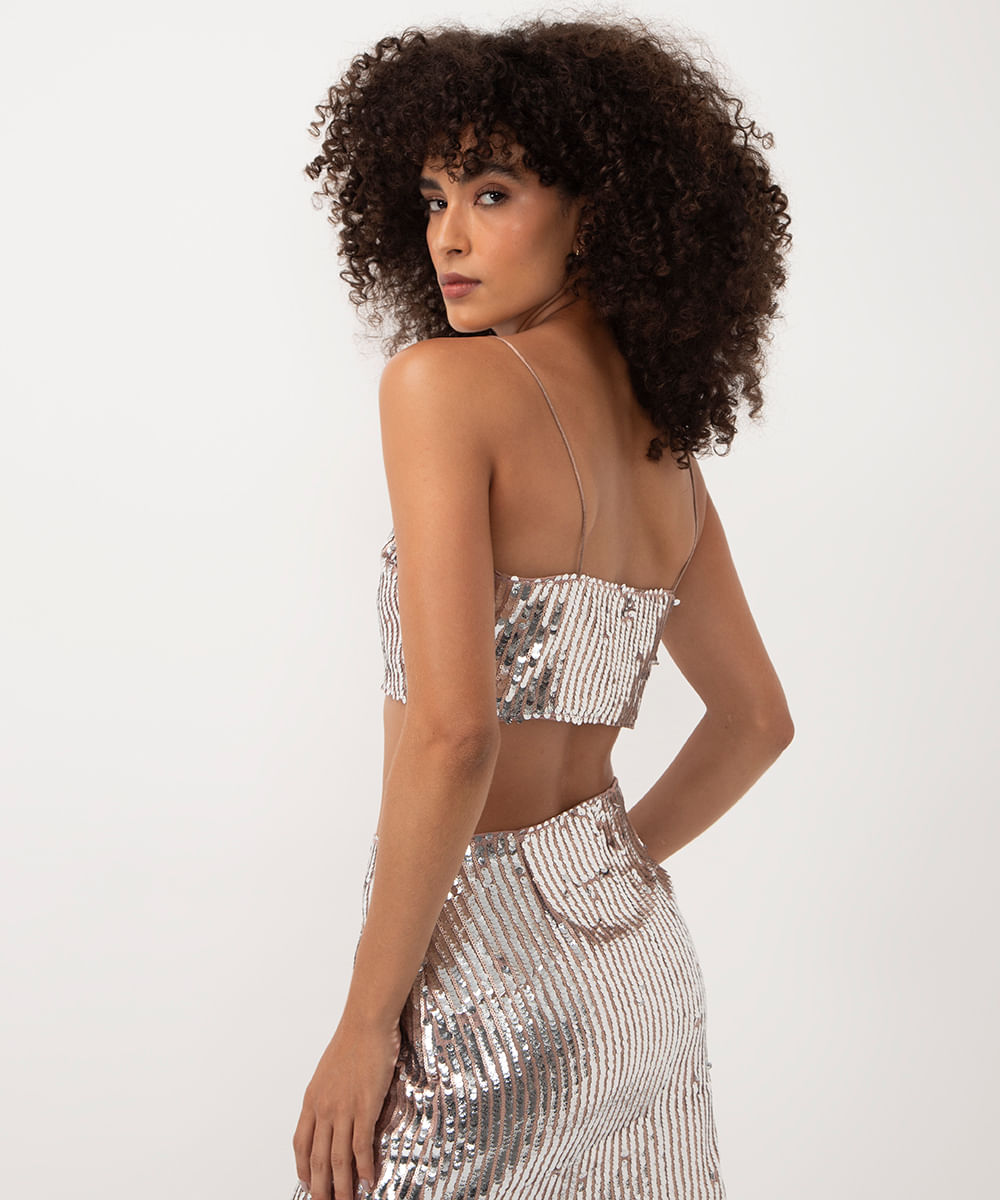 cropped top faixa de paetê alça fina com zíper prata