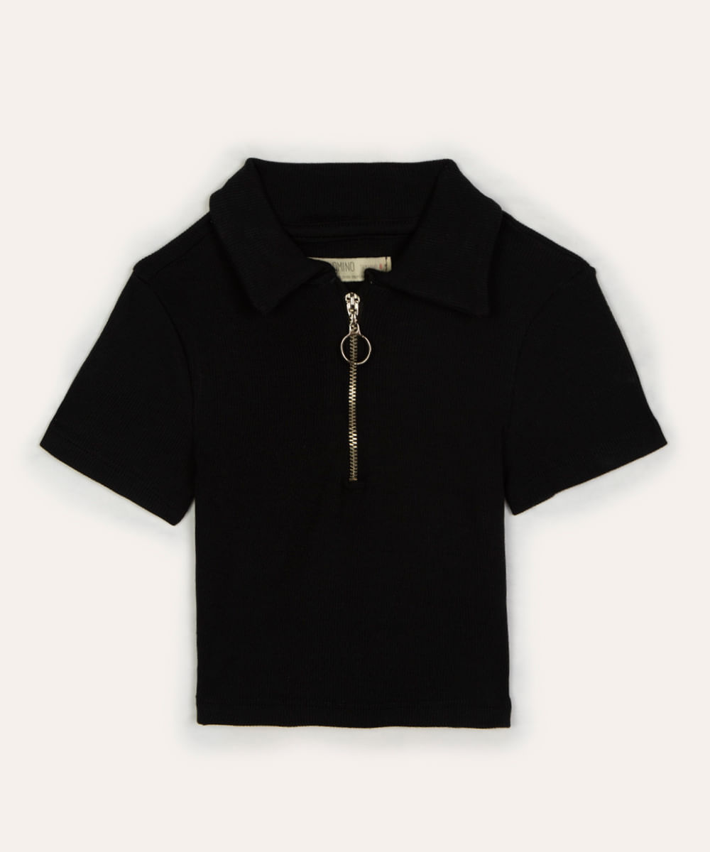 blusa de algodão infantil canelada com zíper preta