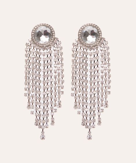 brinco de franjas em strass prateado