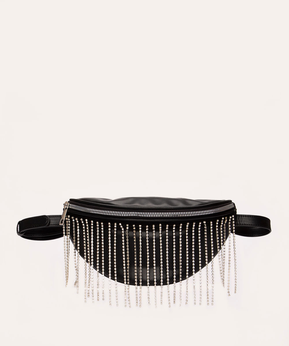 pochete com franjas de strass preta