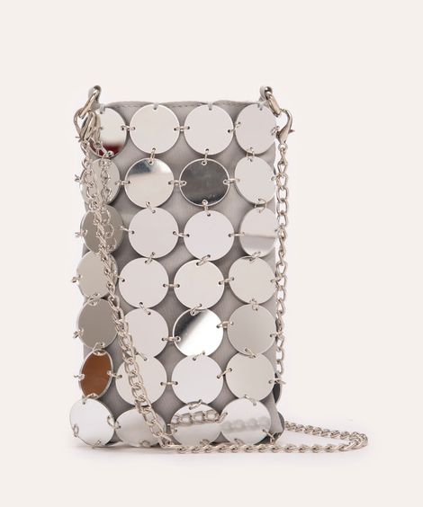 bolsa phone bag moedas espelhadas com corrente prata