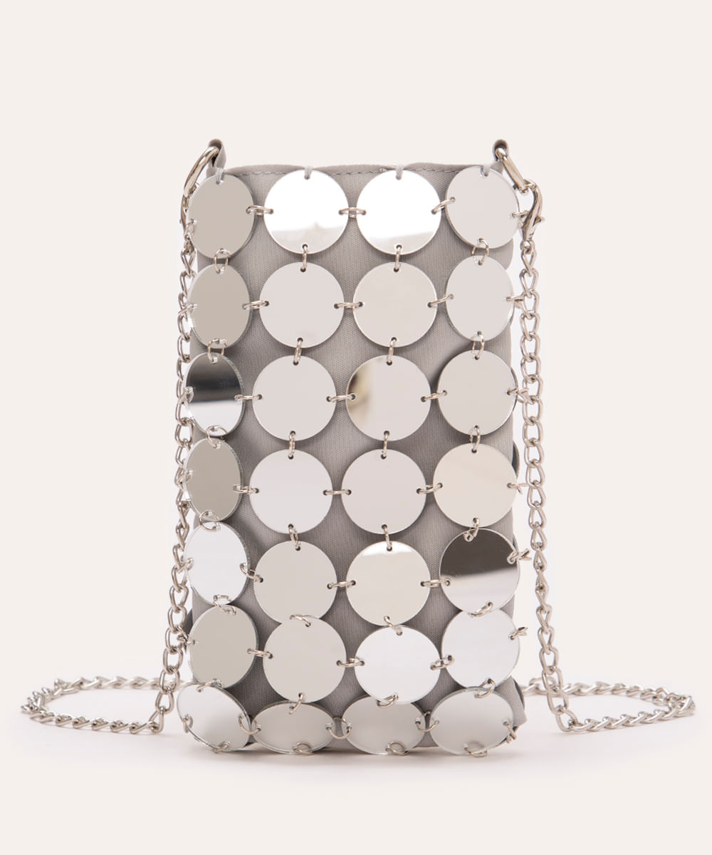 bolsa phone bag moedas espelhadas com corrente prata