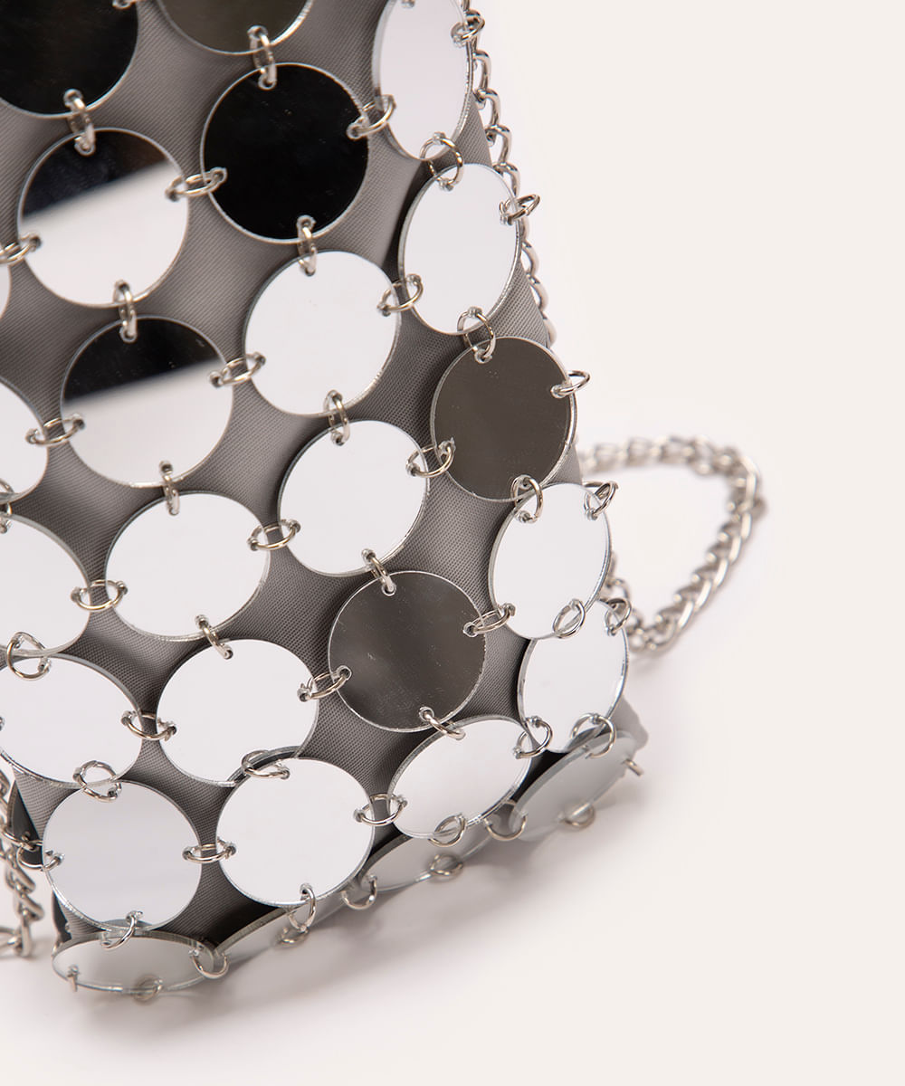 bolsa phone bag moedas espelhadas com corrente prata