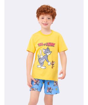 Pijama Manga Curta Masculino Infantil Amarelo Tom and Jerry