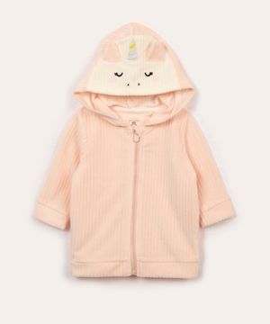 casaco de plush infantil canelado com capuz rosa