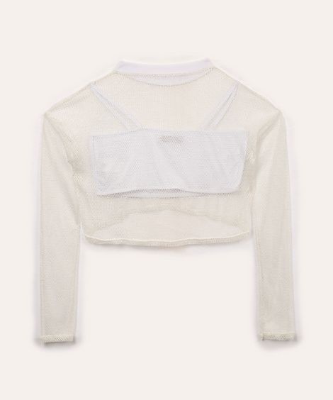 blusa de tela juvenil com sobreposição manga longa off white