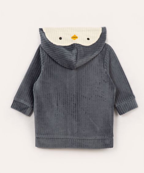 casaco de plush infantil canelado pinguim com capuz azul
